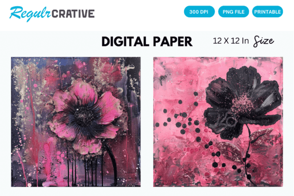 Black Alcohol Ink Flower Pink Glitter
