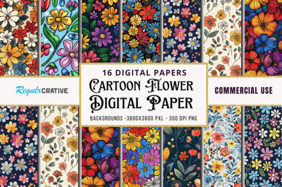 Cartoon Flower Digital Paper Bundle