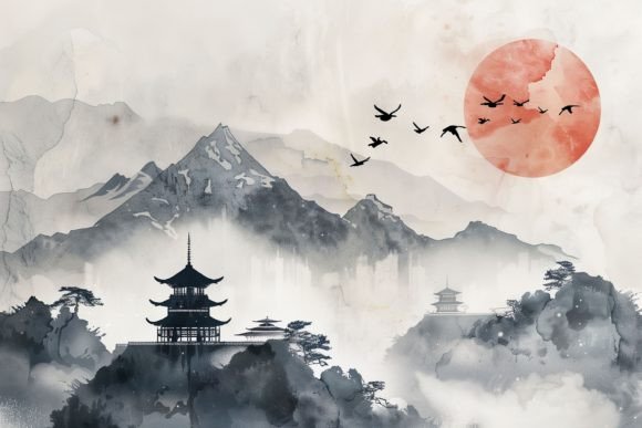 Japanese Landscape with Mountains